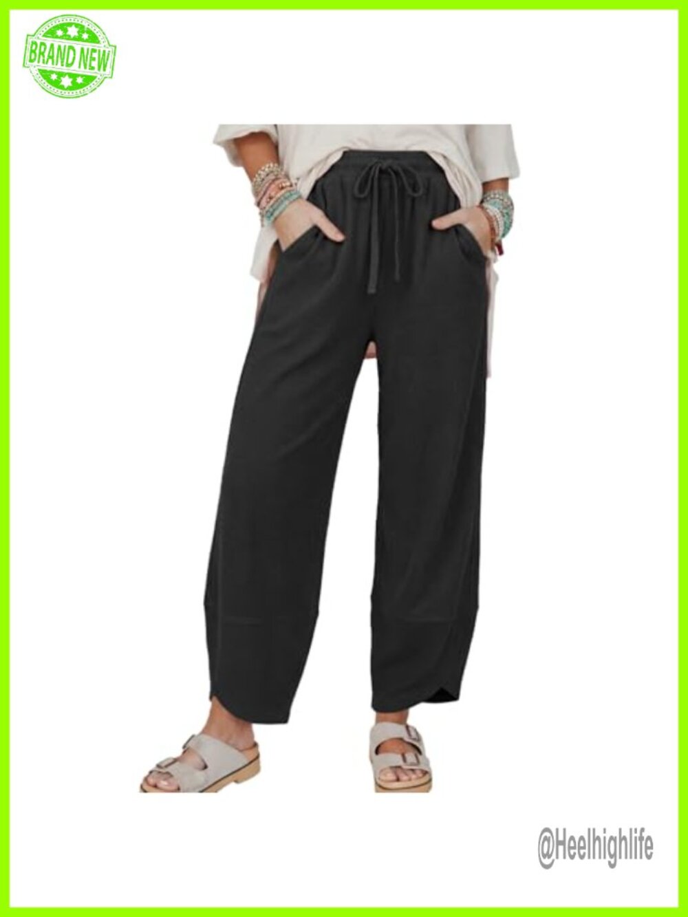 Wide Leg Harem Pants with Pockets, Elastic Waist, Cropped Palazzo